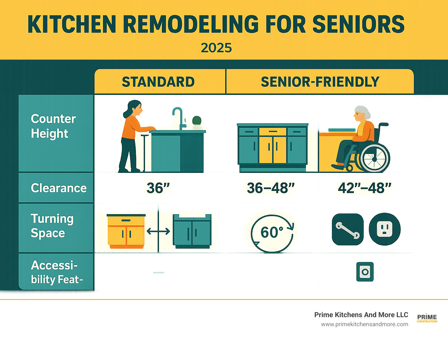 Comparison chart showing standard kitchen specifications versus senior-friendly modifications including counter heights, clearances, and accessibility features - kitchen remodeling for seniors infographic 
