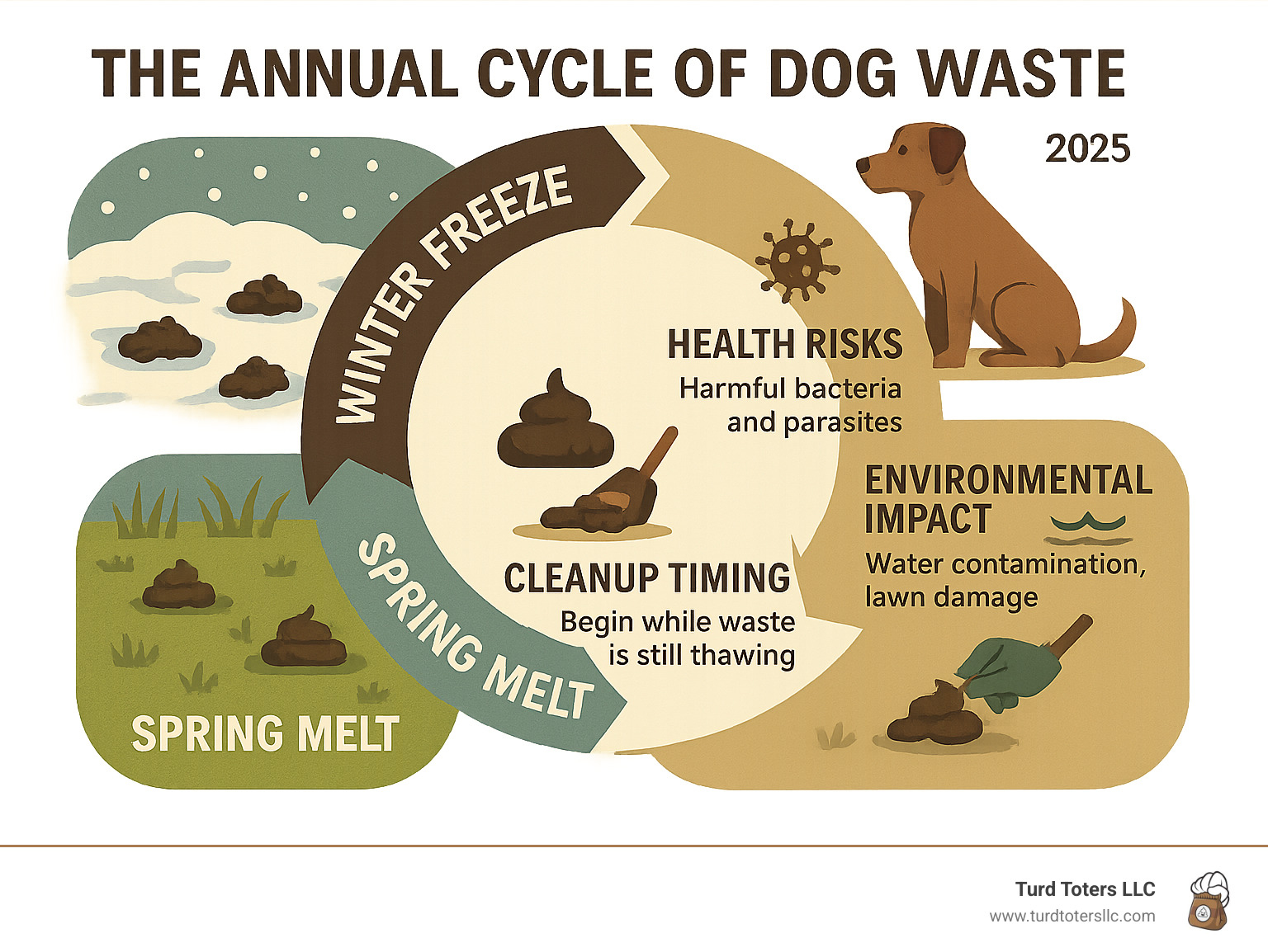 Infographic showing the annual cycle of dog waste accumulation from winter freeze through spring melt, including health risks, environmental impact, and cleanup timing recommendations - how to clean up dog poop in yard after winter infographic 