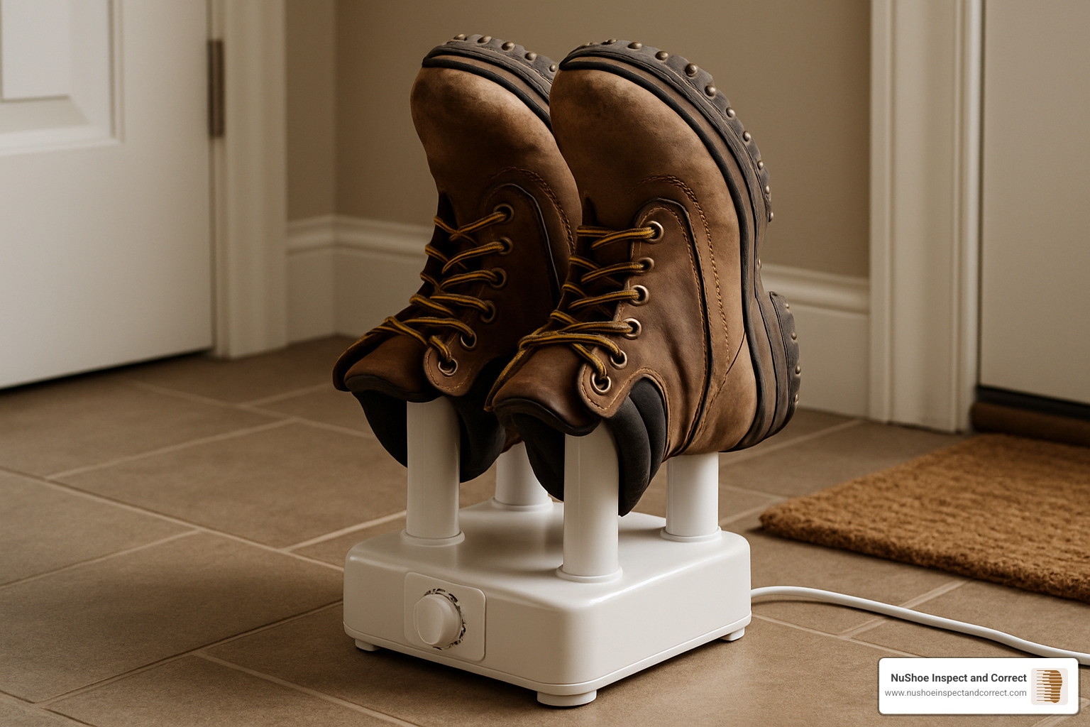 Electric boot dryer in use with work boots - boot odor removal