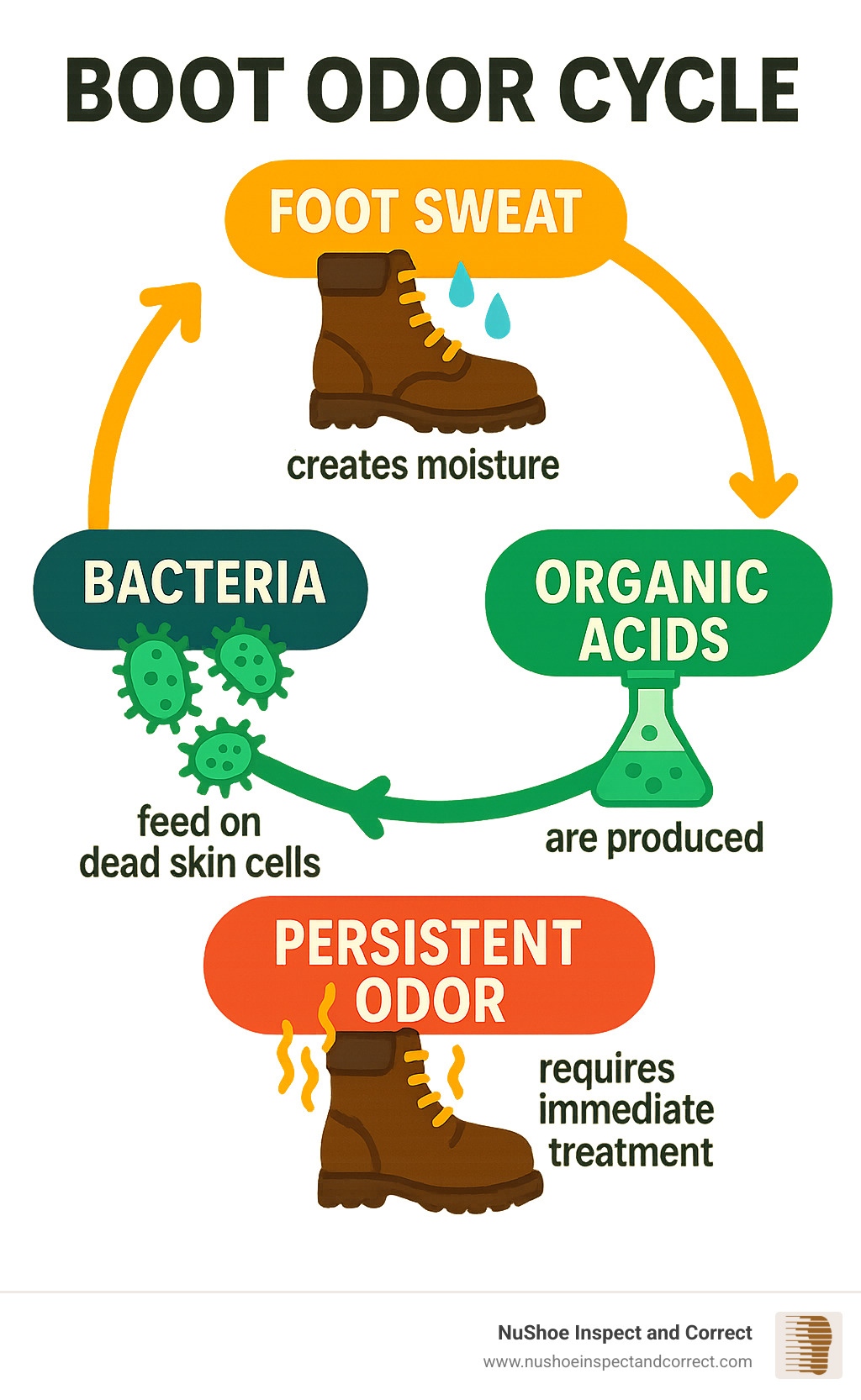Infographic showing the boot odor cycle: foot sweat creates moisture, bacteria feed on dead skin cells, organic acids are produced, resulting in persistent odor that requires immediate treatment - boot odor removal infographic 