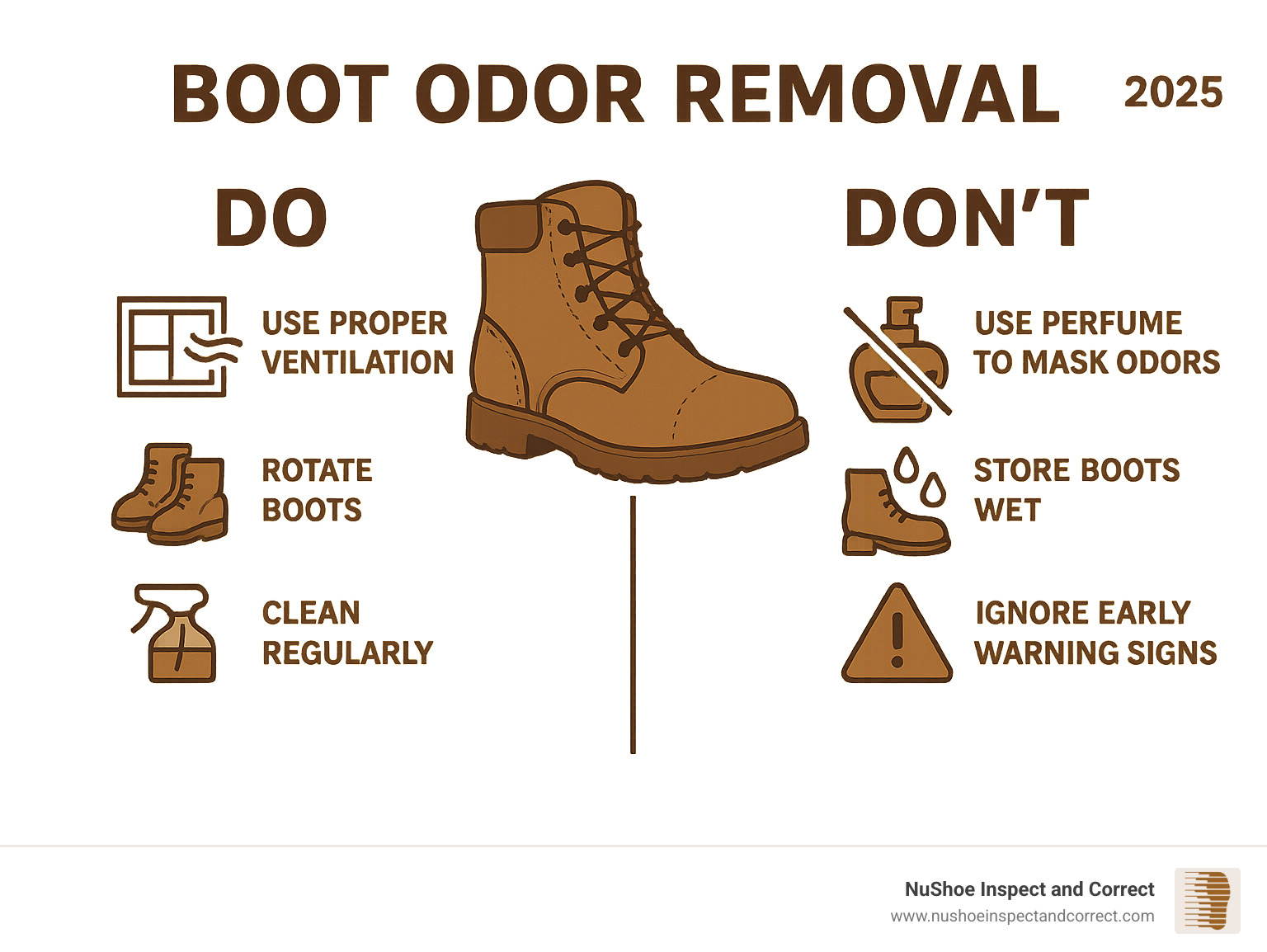 Infographic showing boot odor removal do's and don'ts: Do use proper ventilation, rotate boots, clean regularly; Don't use perfume to mask odors, store boots wet, ignore early warning signs - boot odor removal infographic 