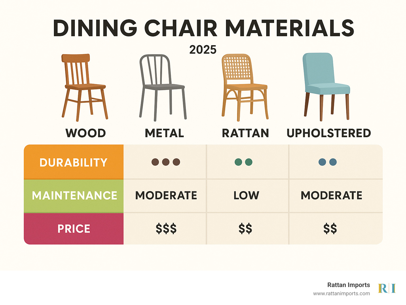 Comparison chart showing durability ratings, maintenance requirements, and price ranges for different dining chair materials including wood, metal, rattan, and upholstered options - dining room chairs set of 6 infographic 