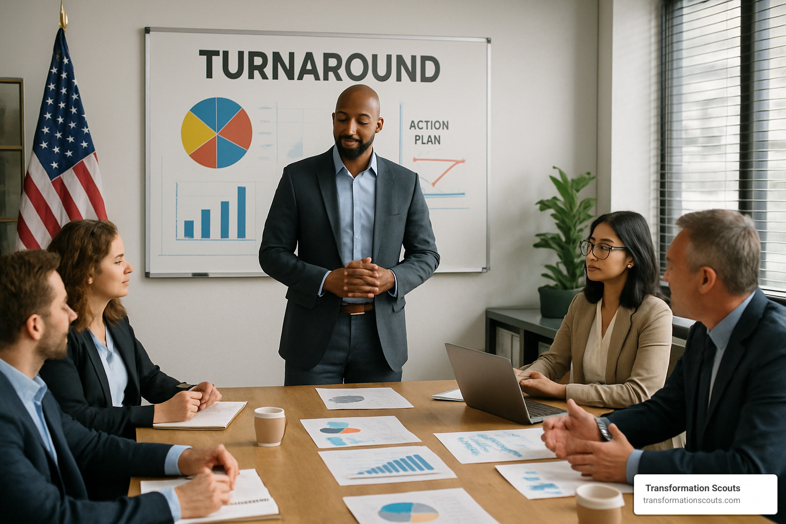 interim manager leading business turnaround meeting with charts and action plans - interim management bureau interim manager leading business turnaround meeting with charts and action plans - interim management bureau