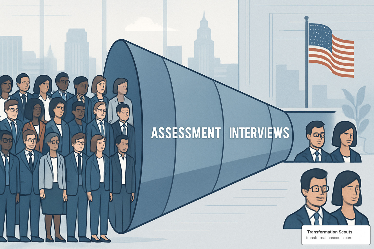 selection process showing candidate pool narrowing through screening stages to final placement - interim management bureau selection process showing candidate pool narrowing through screening stages to final placement - interim management bureau