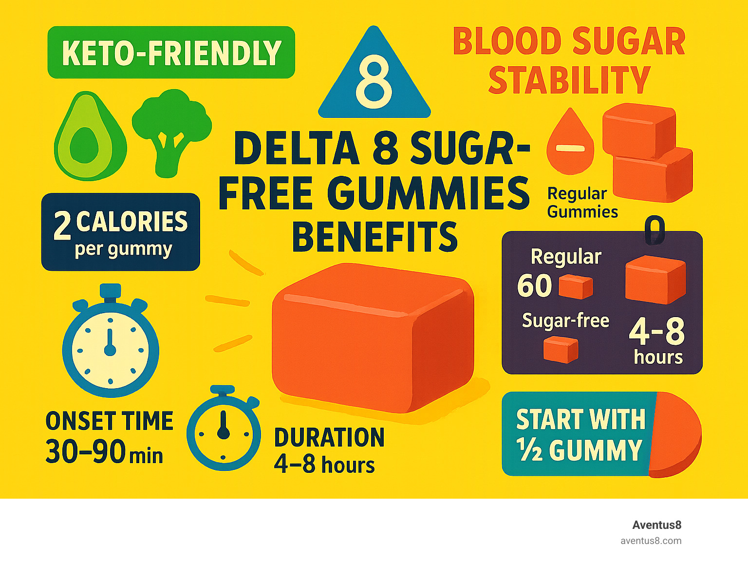 Infographic showing Delta 8 sugar-free gummy benefits including keto-friendly formulation, blood sugar stability, calorie comparison with regular gummies, onset time of 30-90 minutes, duration of 4-8 hours, and recommended starting dose of half a gummy - Delta 8 sugar free gummies infographic 