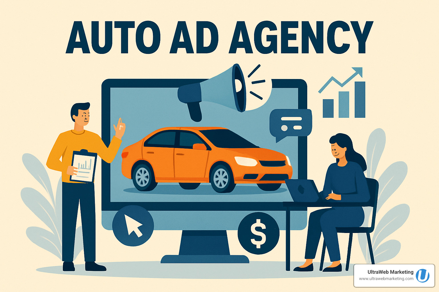Modern automotive showroom with customers using tablets and mobile devices for research - auto ad agency
