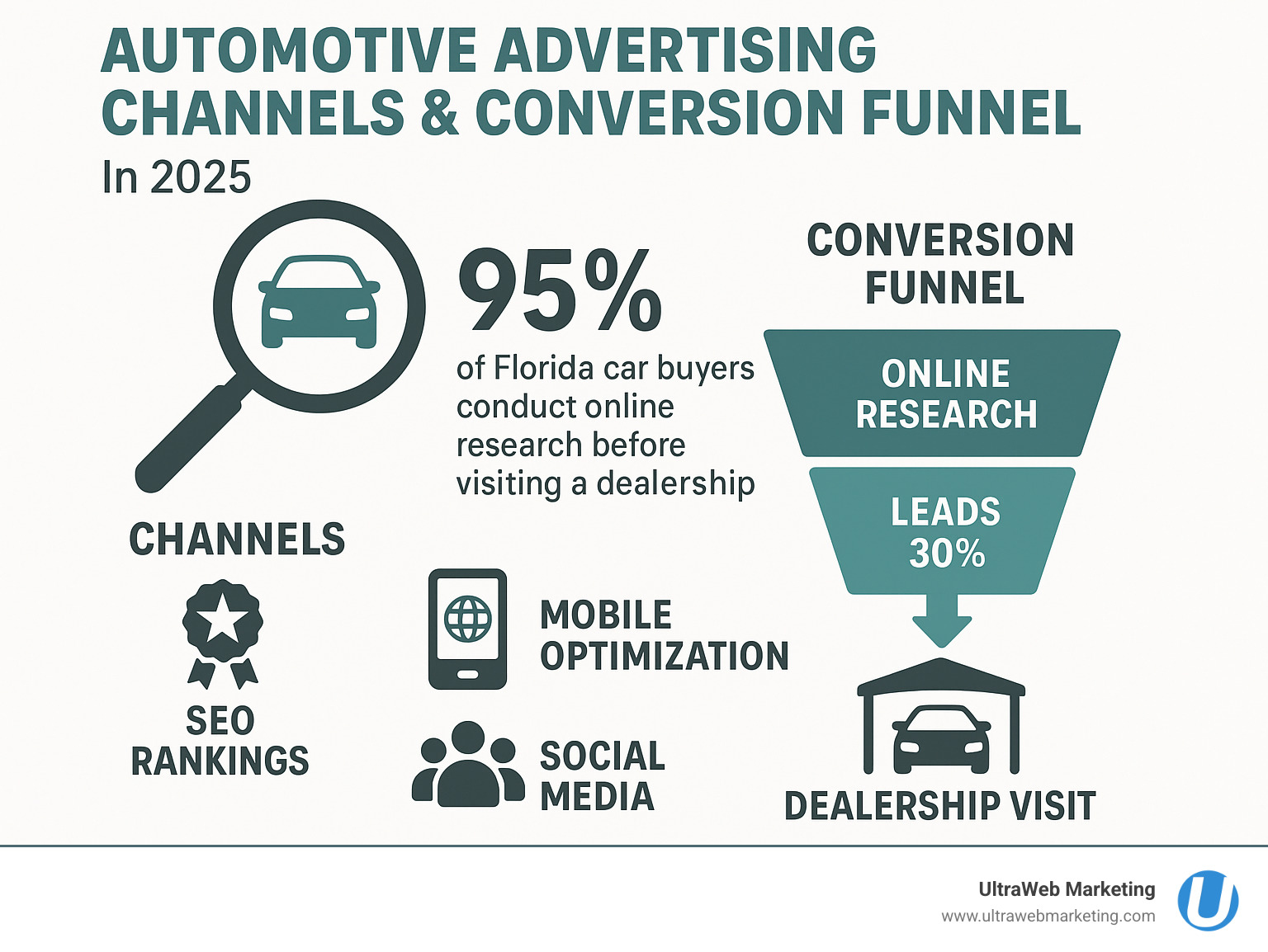 Infographic showing automotive advertising channels and conversion funnel from online research to dealership visit, including SEO rankings, mobile optimization, social media engagement, and lead generation statistics for Florida car dealerships - auto ad agency infographic