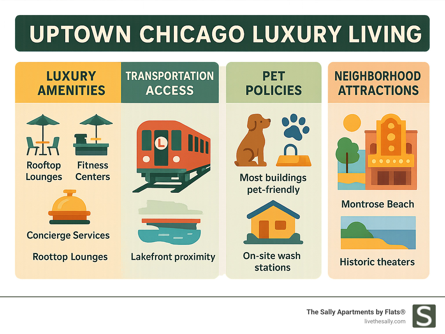 Comprehensive breakdown of luxury amenities, transportation access, pet policies, and neighborhood attractions that define uptown chicago luxury living experience - uptown chicago luxury living infographic 