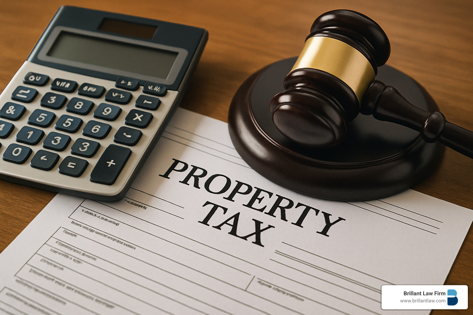 calculator and legal gavel representing property tax calculations - property tax lawyer near me