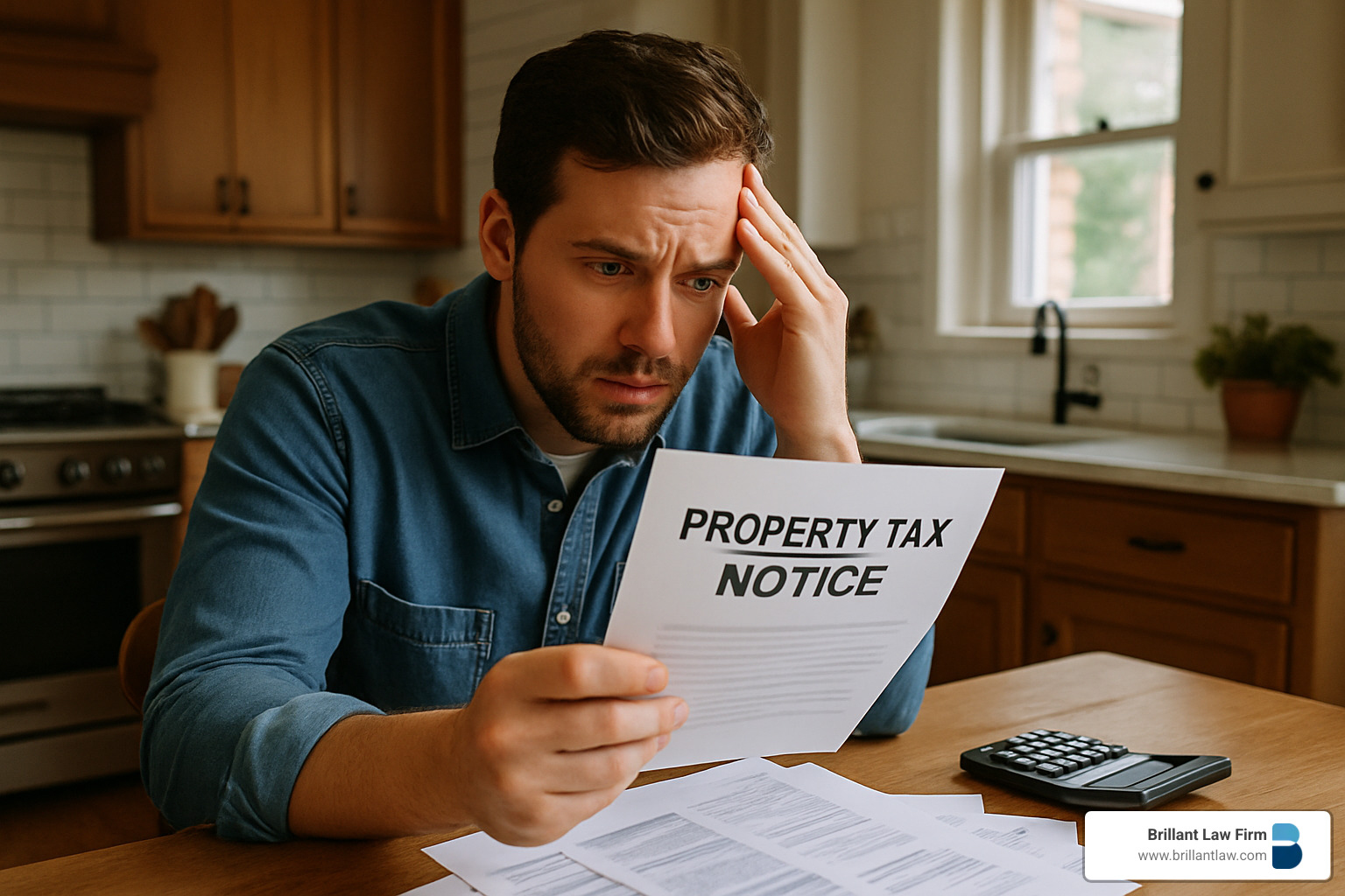 stressed homeowner reviewing property tax notice - property tax lawyer near me