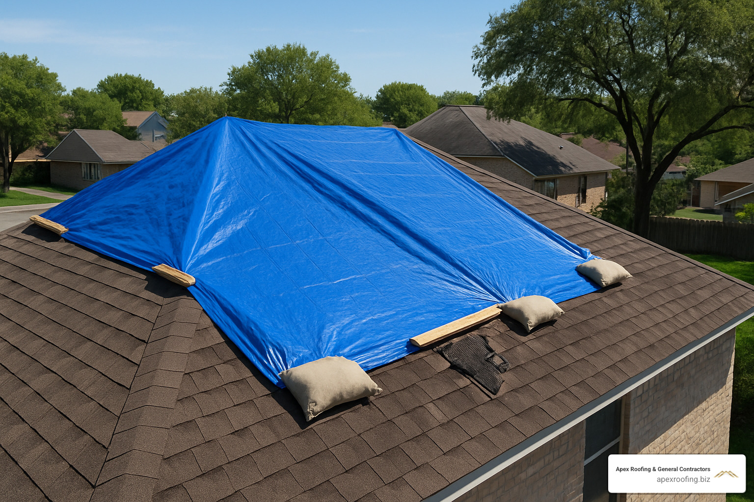 Image showing proper emergency tarp installation over damaged roof section with secured edges and proper overlap - roof storm damage San Antonio