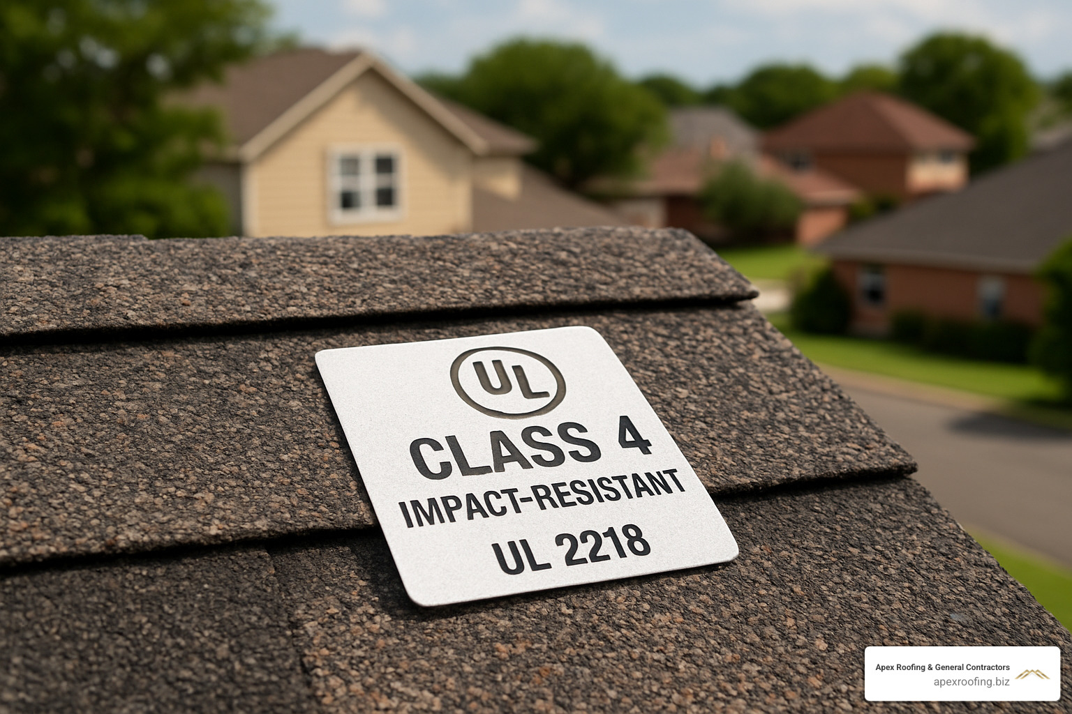 Image showing Class 4 impact-resistant shingle with UL 2218 certification label clearly visible - roof storm damage San Antonio