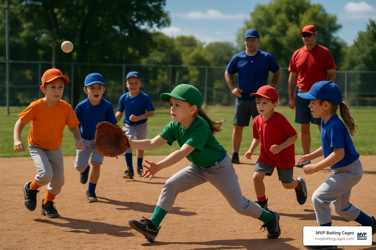 color-team scrimmage action with young players - baseball camp for 7 year olds