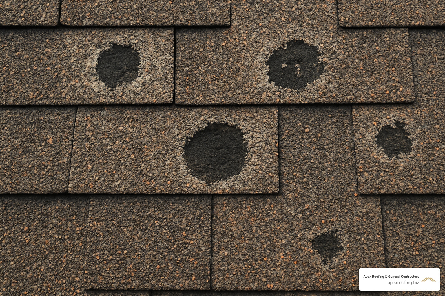 Close-up image showing hail impact damage on asphalt shingles with visible granule loss and exposed mat - roof storm damage San Antonio