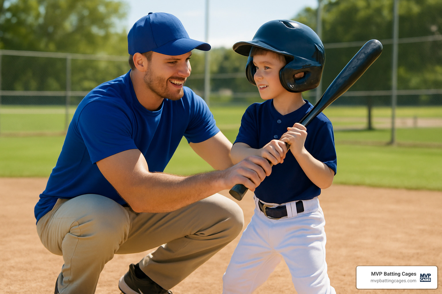 coach giving batting tip to young player - baseball camp for 7 year olds
