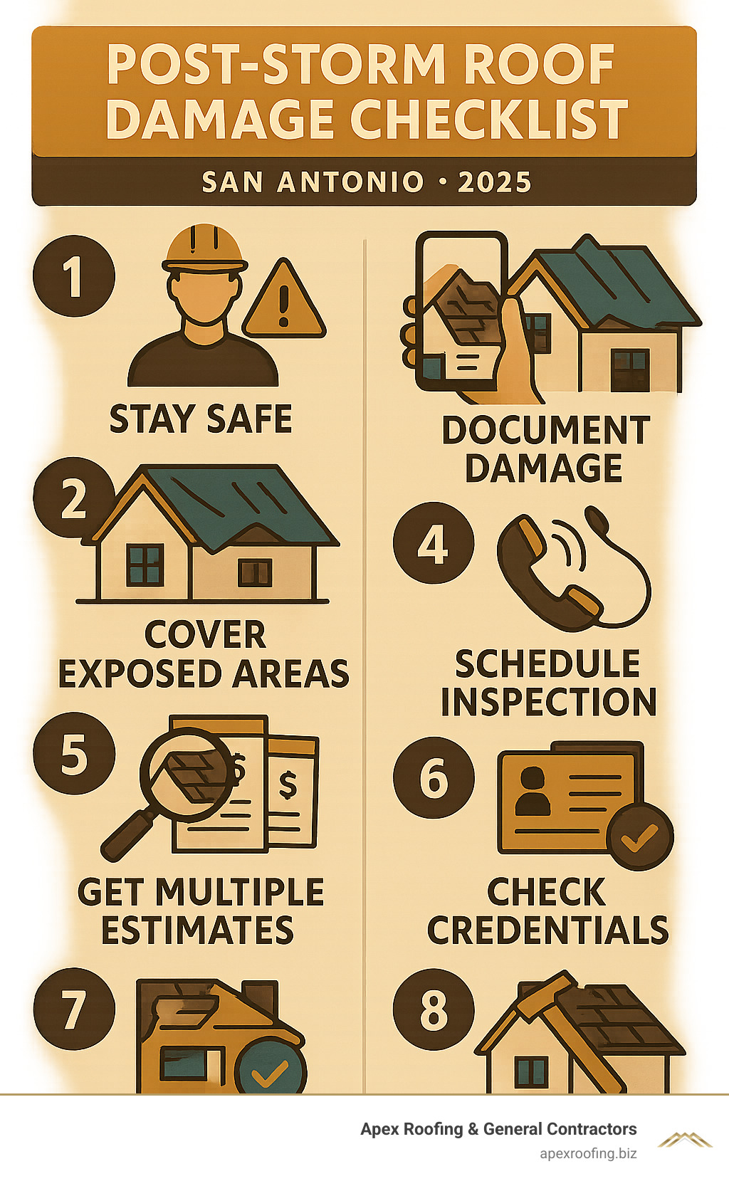 Comprehensive infographic showing the 8-step post-storm roof damage checklist including safety assessment, damage documentation with photos, emergency tarping procedures, insurance claim filing timeline, professional inspection scheduling, contractor verification steps, repair vs replacement decision matrix, and preventive maintenance recommendations - roof storm damage San Antonio infographic 