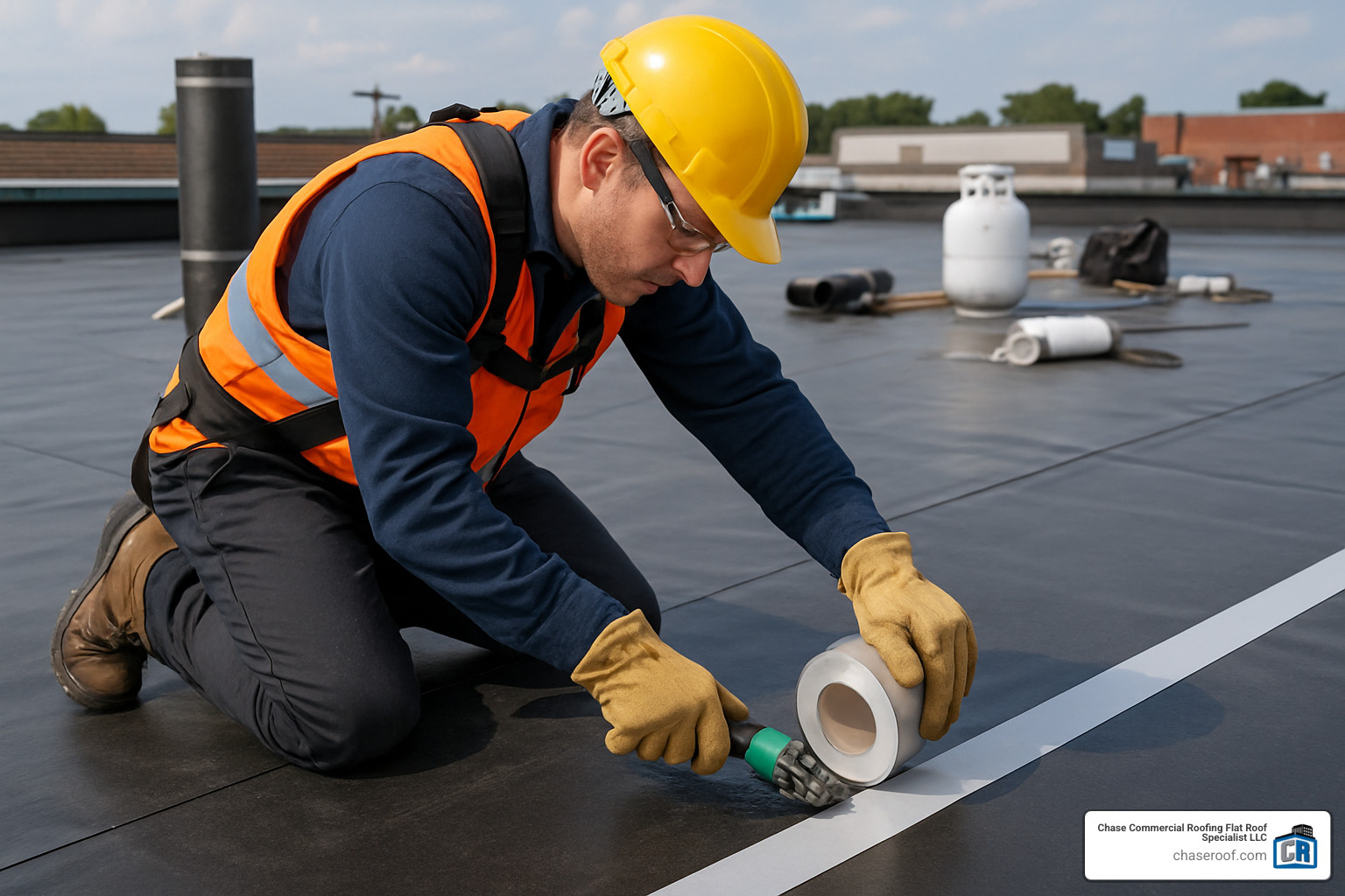 Professional technician applying seam tape to EPDM membrane - EPDM flat roof replacement