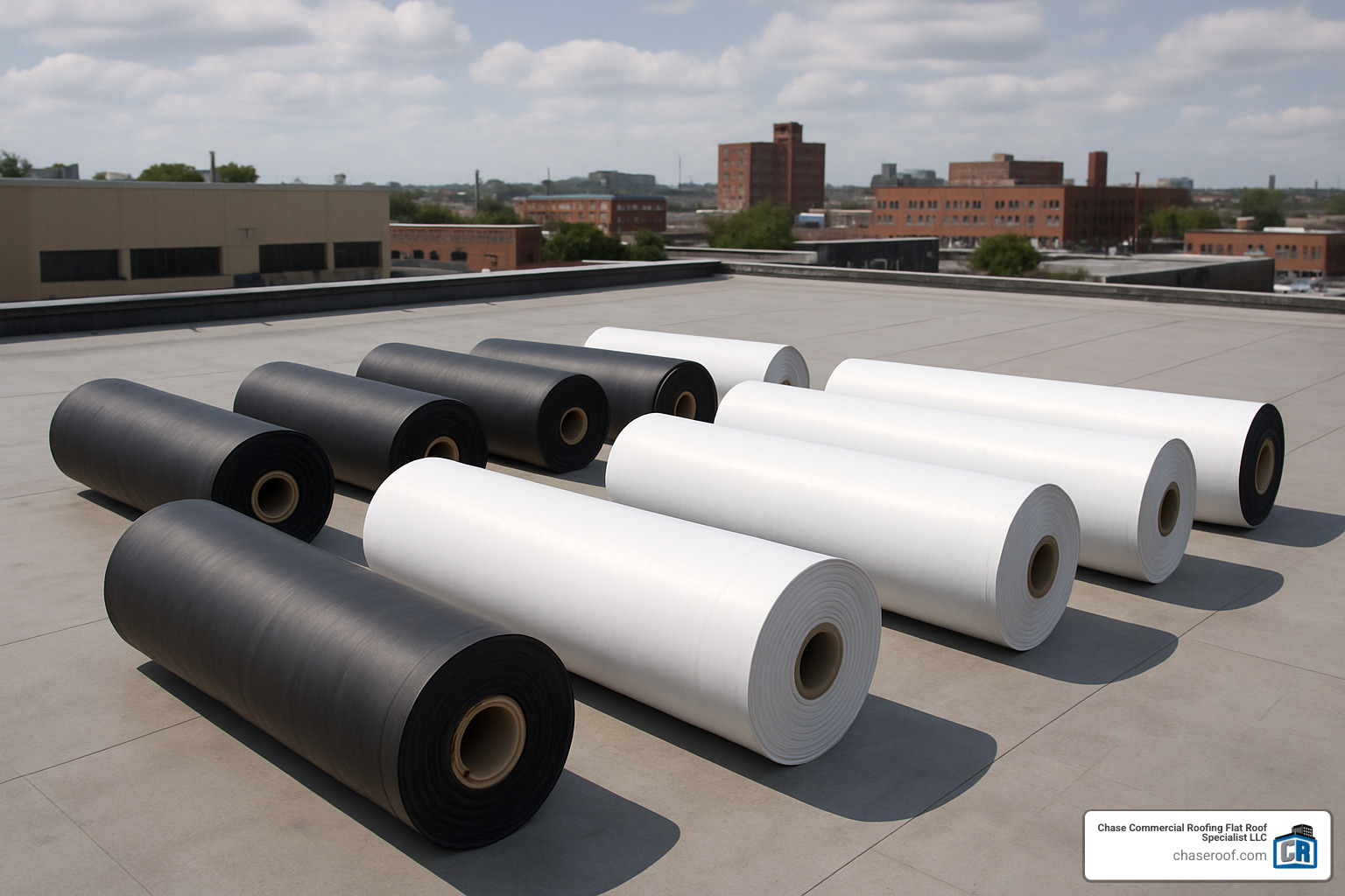EPDM membrane rolls ready for installation - EPDM flat roof replacement
