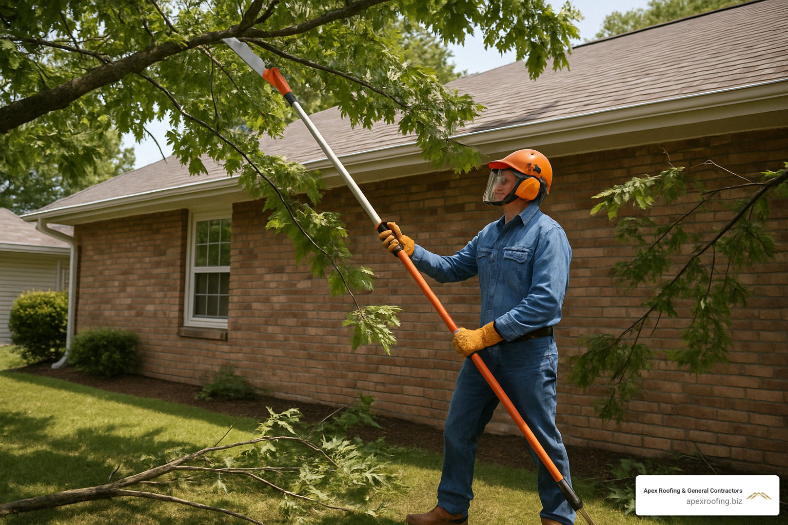Image showing homeowner safely using pole pruner to trim tree branches away from roof line - roof storm damage San Antonio