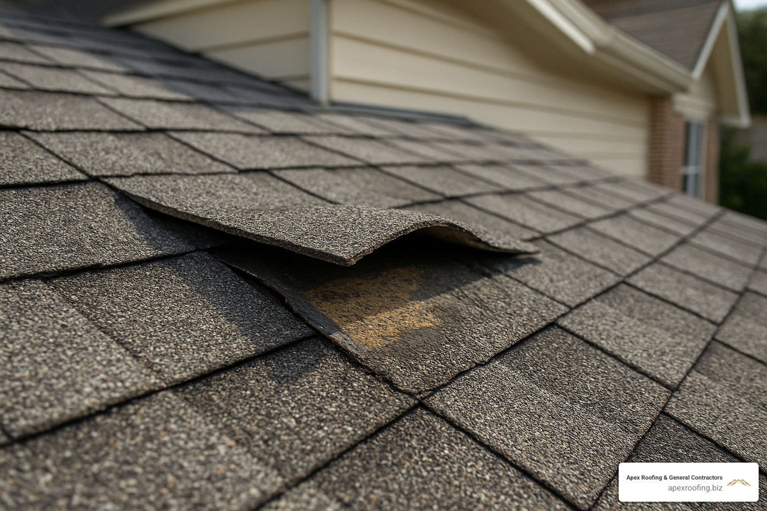 Image showing a lifted shingle edge revealing damaged underlayment beneath - roof storm damage San Antonio