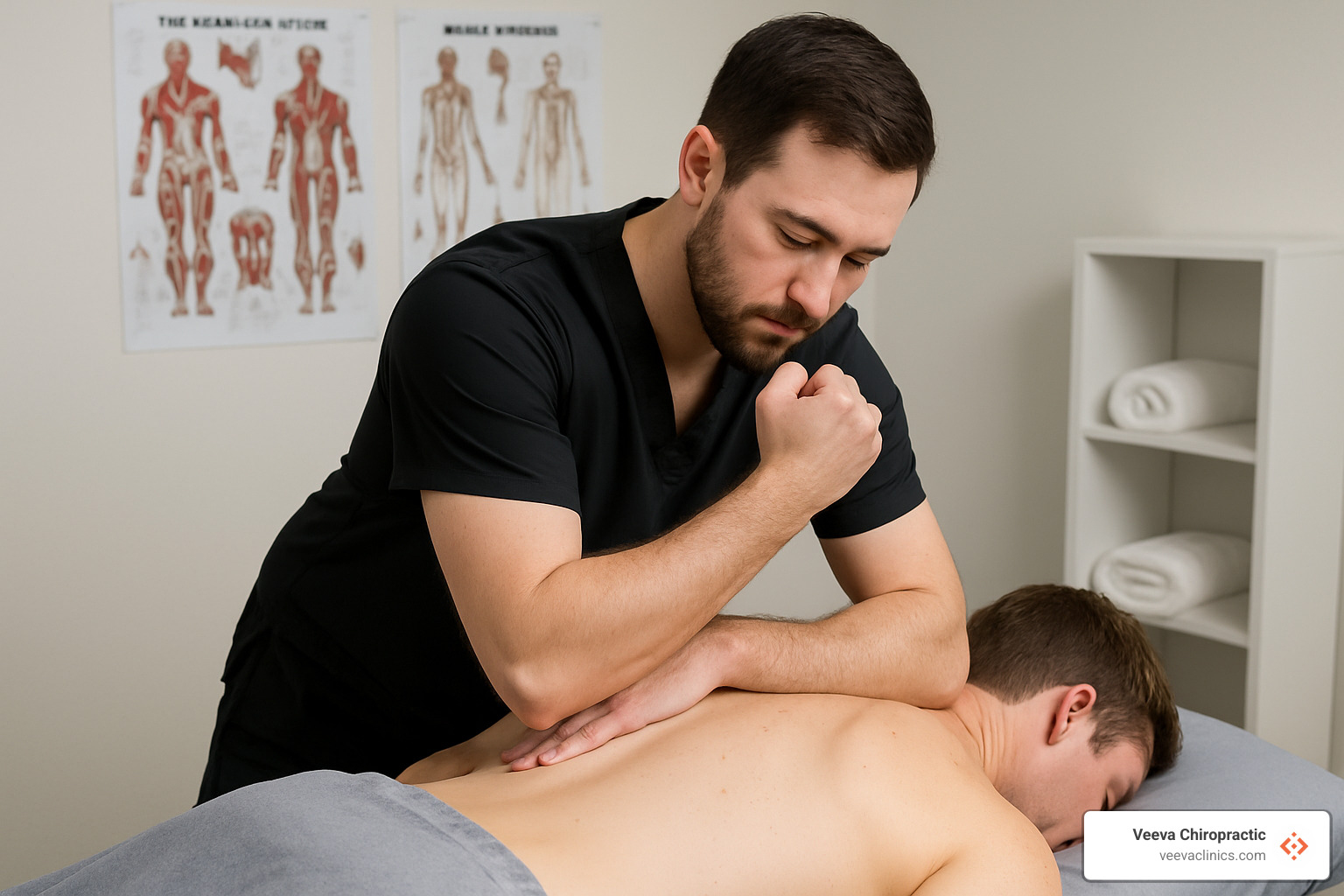 therapist using elbow compression technique - neuromuscular massage