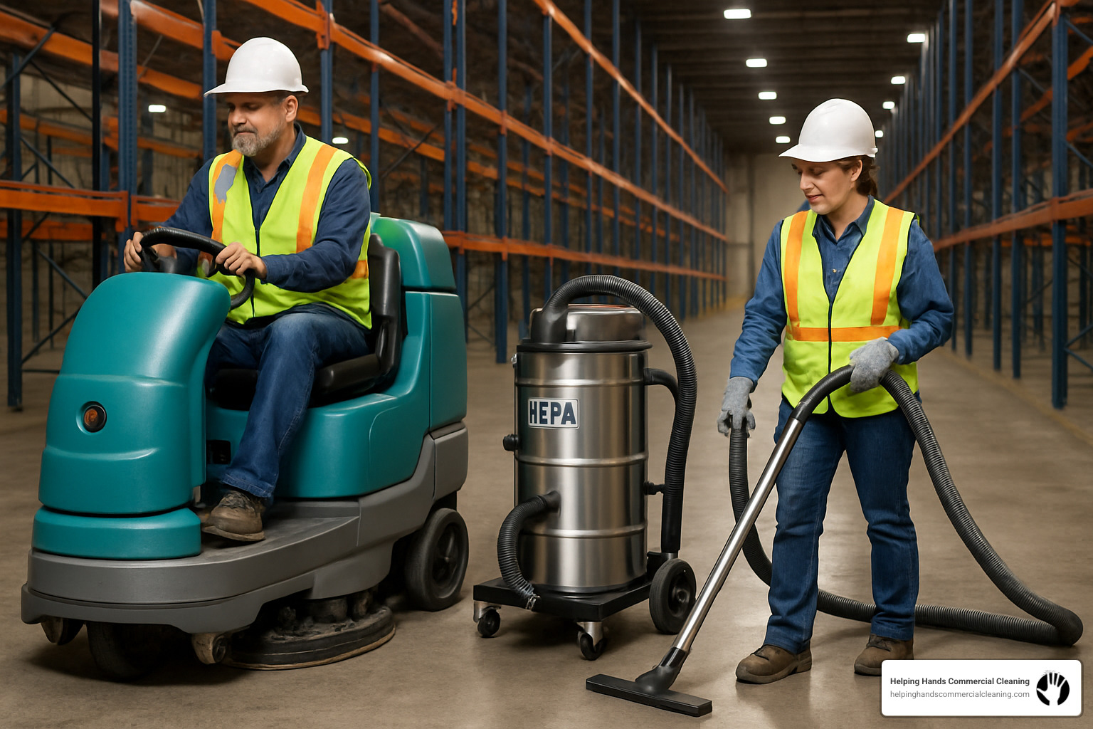 Industrial floor cleaning equipment including ride-on scrubbers and HEPA vacuum systems - warehouse floor cleaning service