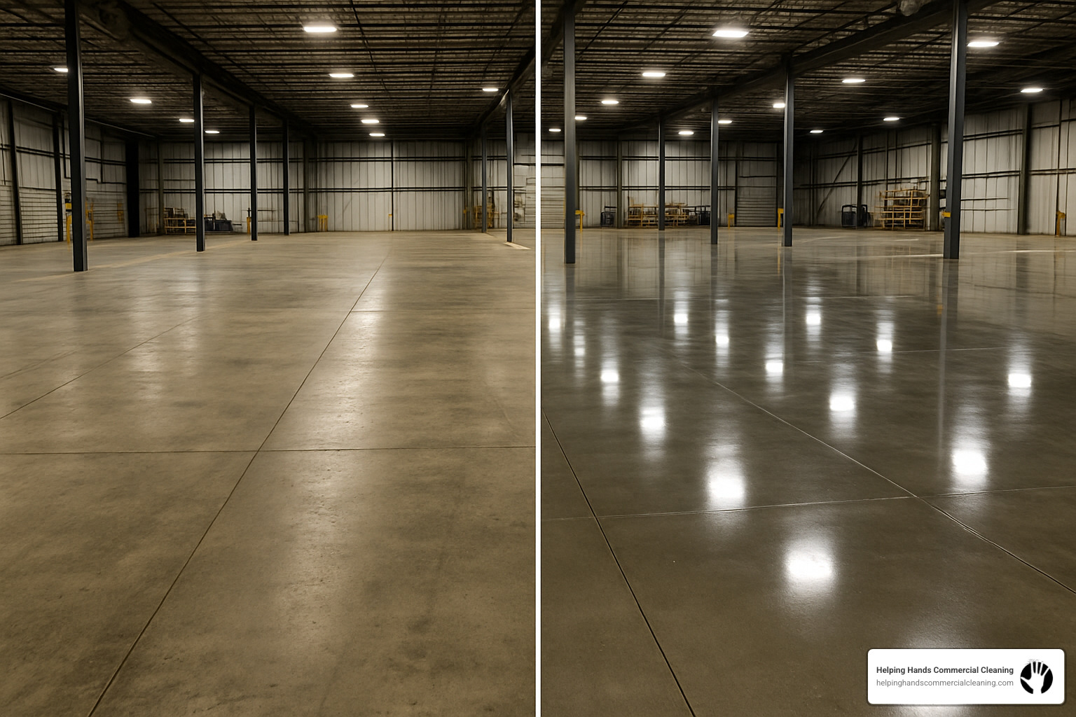 Before and after comparison of warehouse floor restoration showing concrete surface change - warehouse floor cleaning service