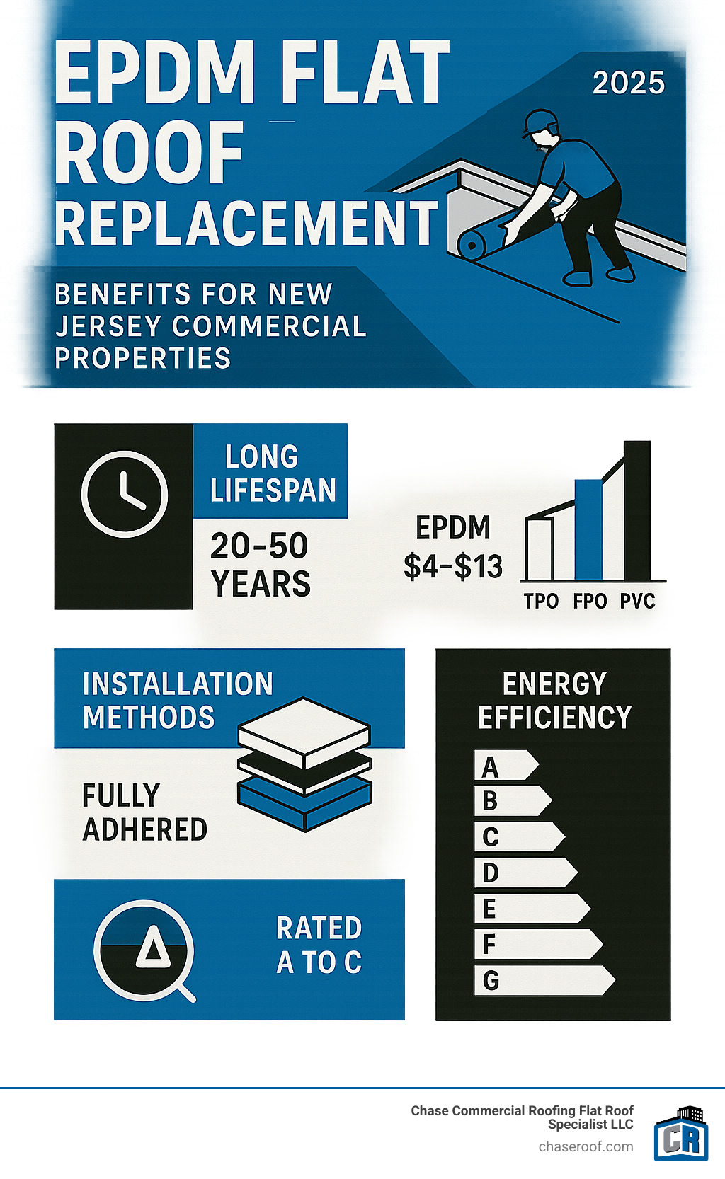 Comprehensive infographic showing EPDM flat roof replacement benefits including 20-50 year lifespan, cost comparison with other systems, installation methods, and energy efficiency ratings for New Jersey commercial properties - EPDM flat roof replacement infographic 