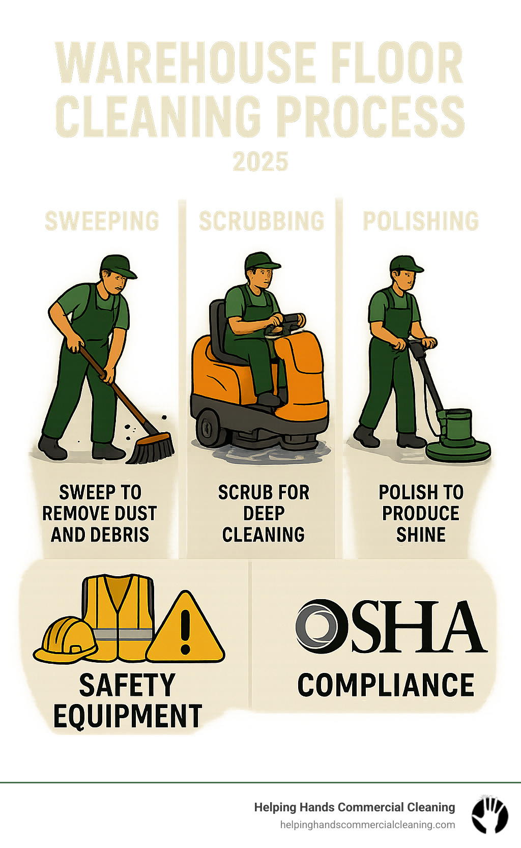 Comprehensive warehouse floor cleaning process showing sweeping, scrubbing, and polishing stages with safety equipment and OSHA compliance checkpoints - warehouse floor cleaning service infographic 