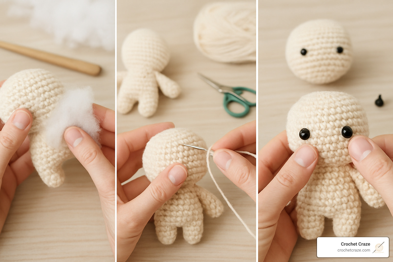 Step-by-step assembly photos showing proper stuffing technique, invisible seaming, and safety eye placement - Crochet amigurumi characters