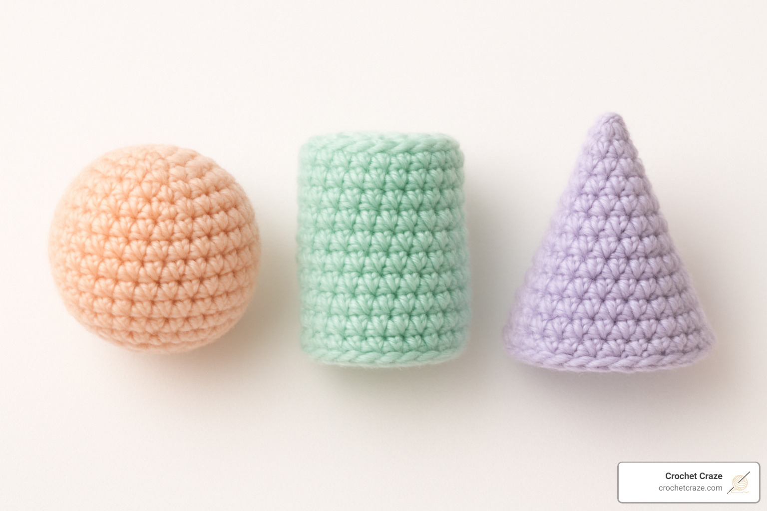 Practice swatches showing basic amigurumi shapes - sphere, cylinder, and cone - Crochet amigurumi characters