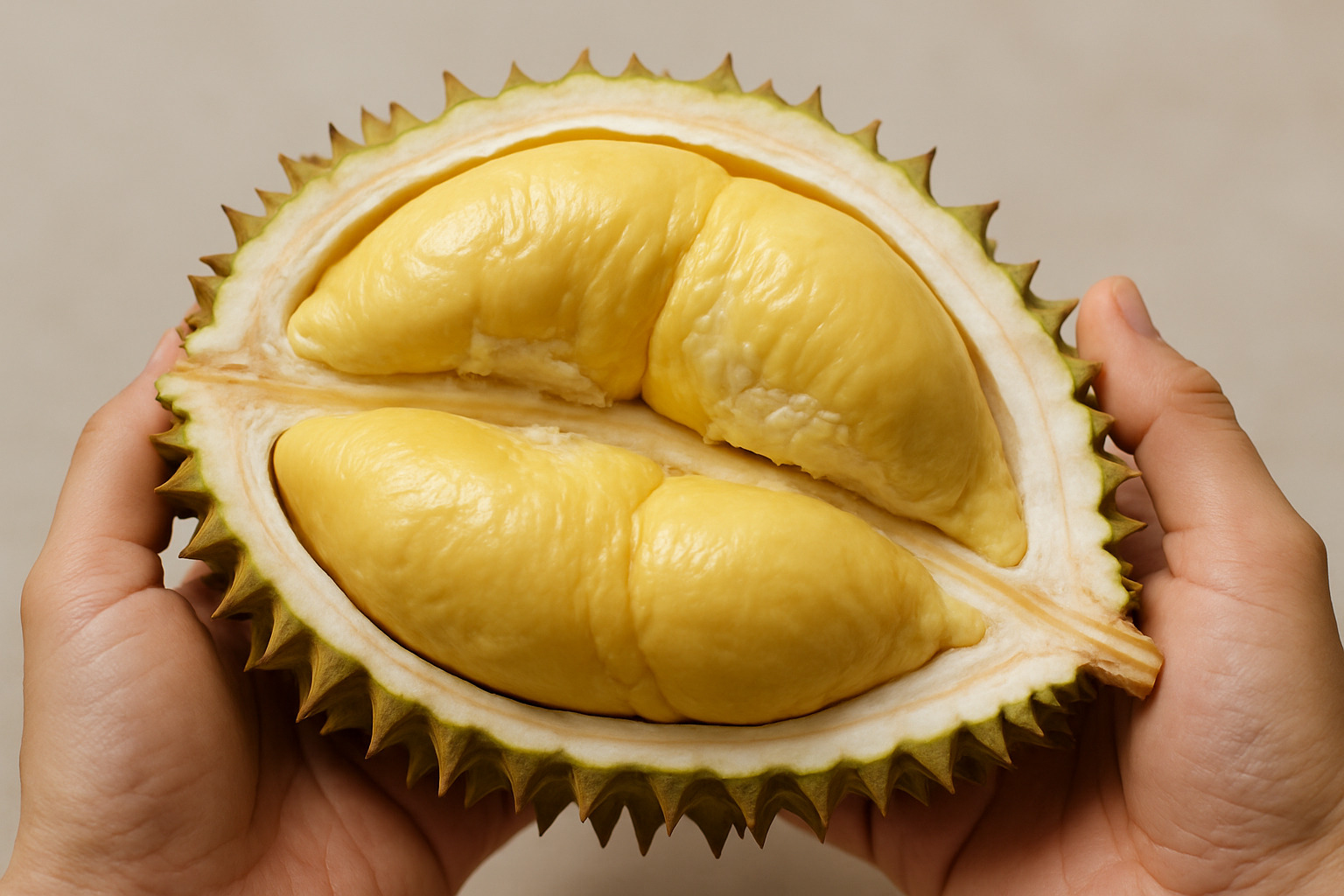 Hands holding creamy durian flesh showing custard-like texture - durian