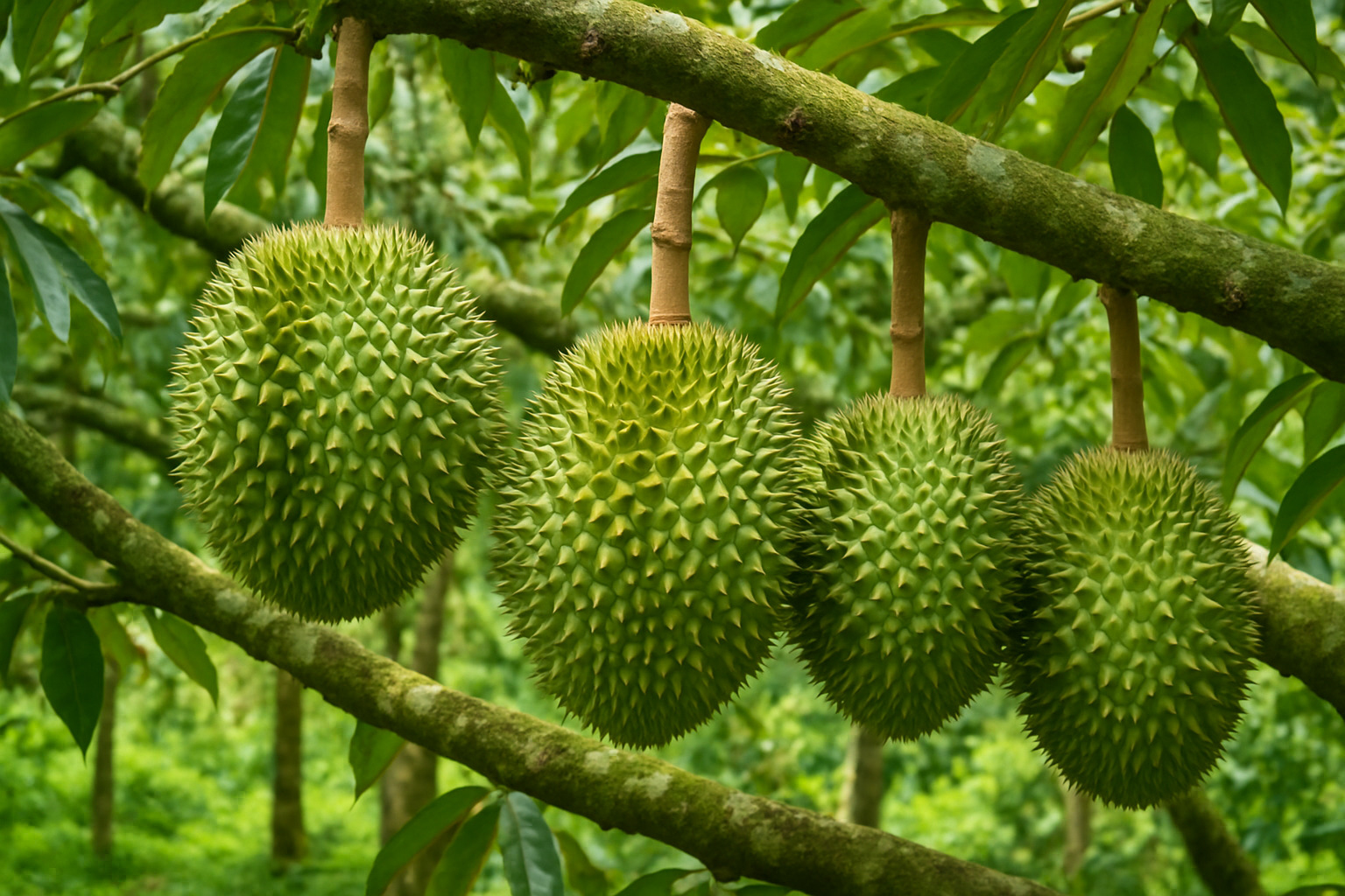 Durian fruits hanging from tree branches in tropical orchard - durian