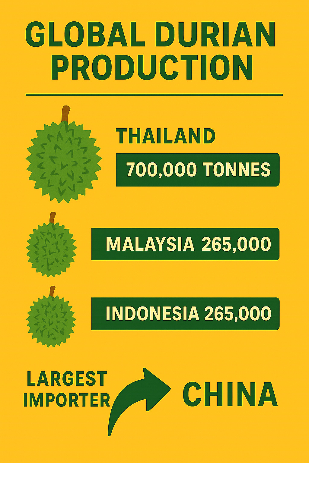 Statistical infographic showing global durian production figures with Thailand at 700,000 tonnes annually, Malaysia and Indonesia at 265,000 tonnes each, plus trade flow data showing China as the largest importer - durian infographic 