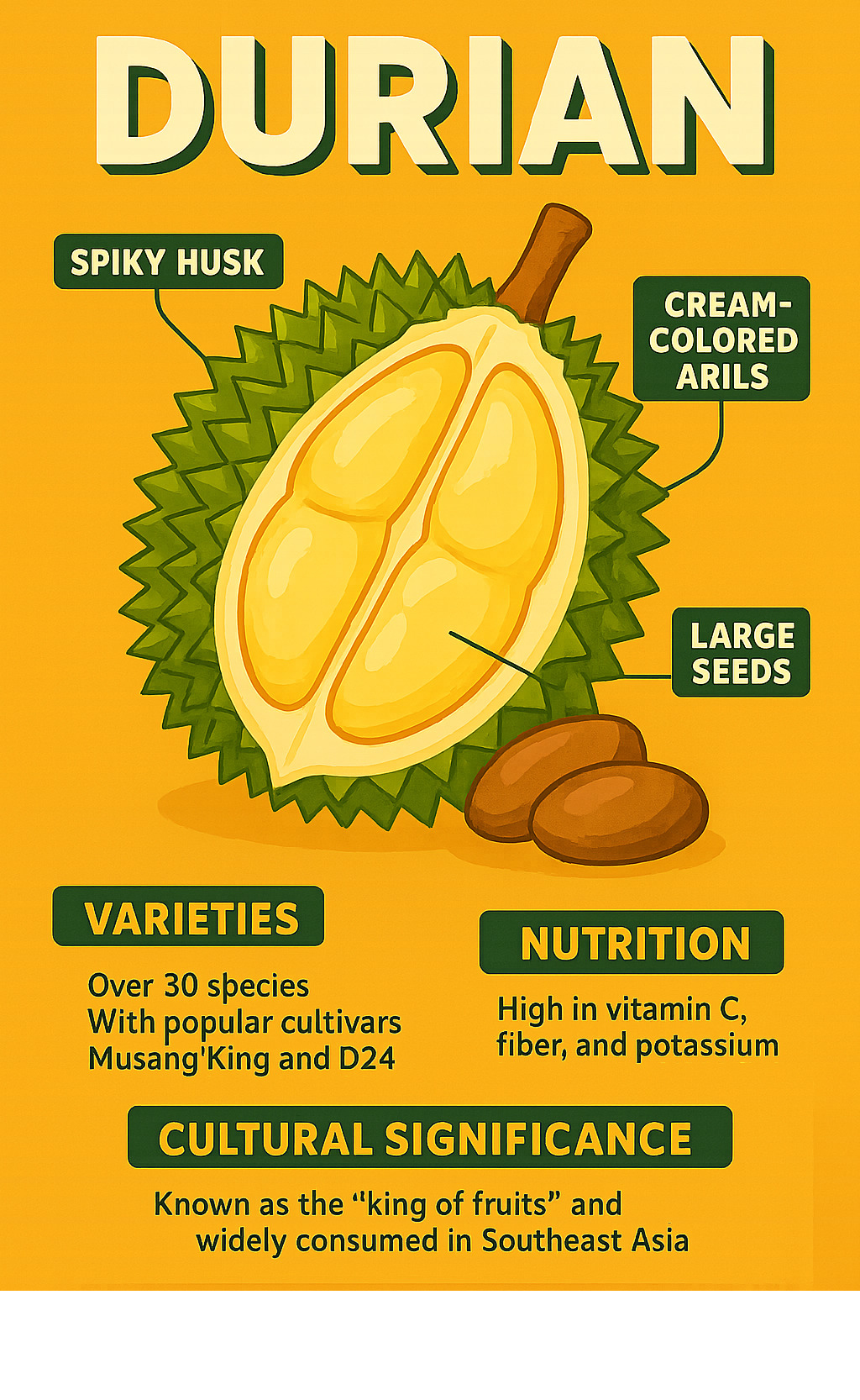 Comprehensive infographic showing durian cross-section with labeled parts including spiky husk, cream-colored arils, large seeds, plus key facts about varieties, nutrition content, and cultural significance across Southeast Asia - durian infographic 