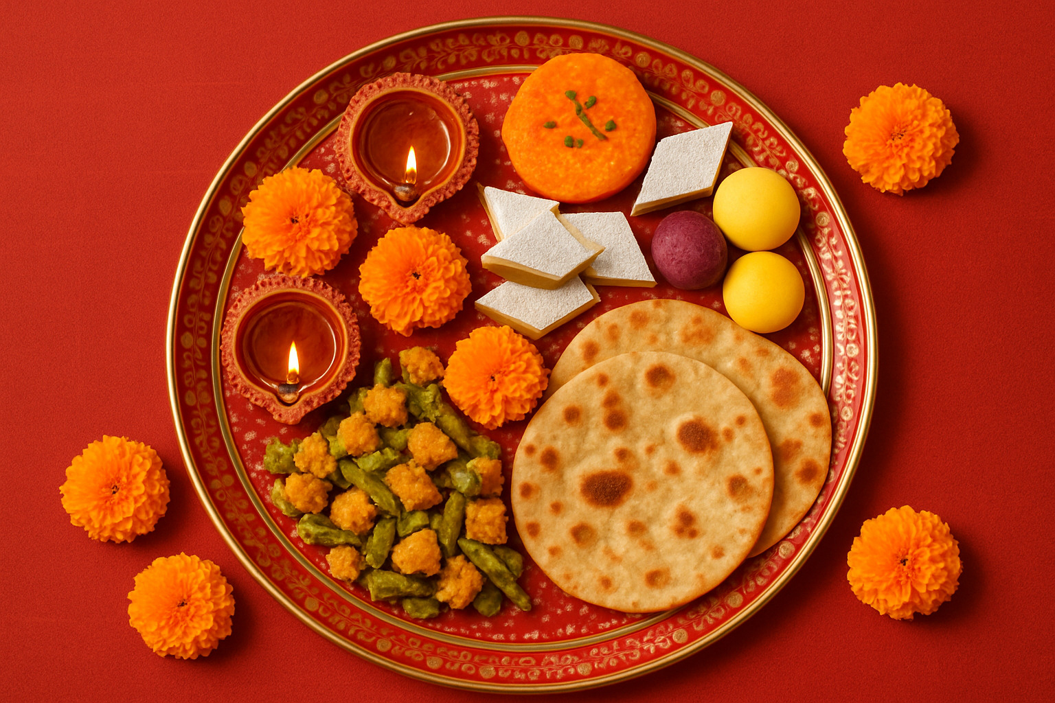 Traditional festive thali with Diwali sweets, seasonal vegetables, special breads, and ceremonial items arranged on decorated plate - indian food