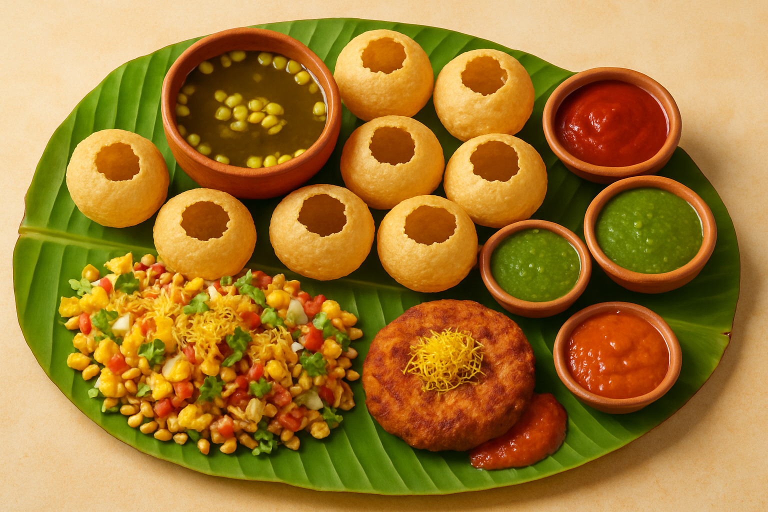 Traditional chaat platter with pani puri, bhel puri, aloo tikki, and various chutneys arranged on banana leaf - indian food