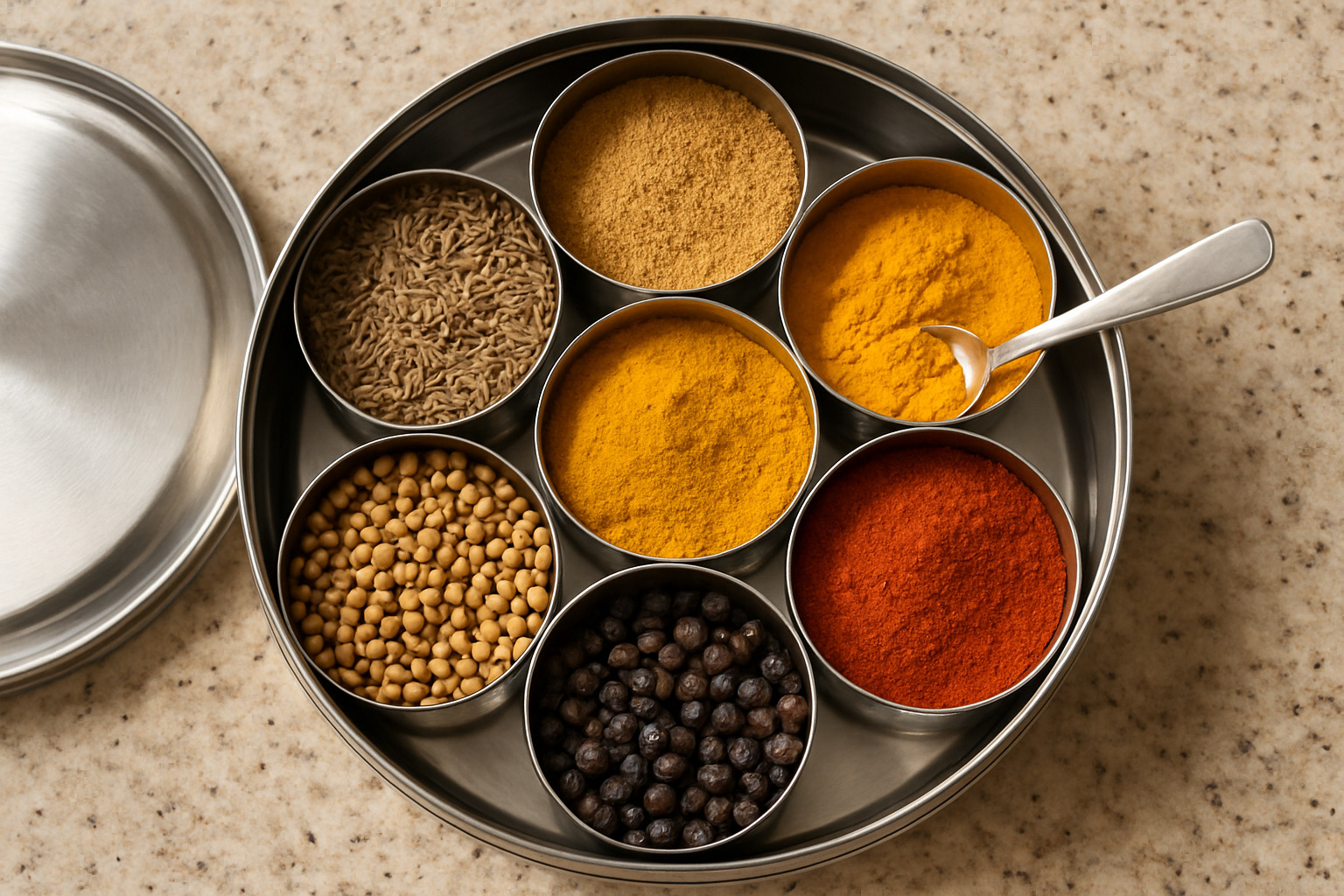 Traditional masala dabba spice box with seven compartments containing whole and ground spices, with small spoon for measuring - indian food