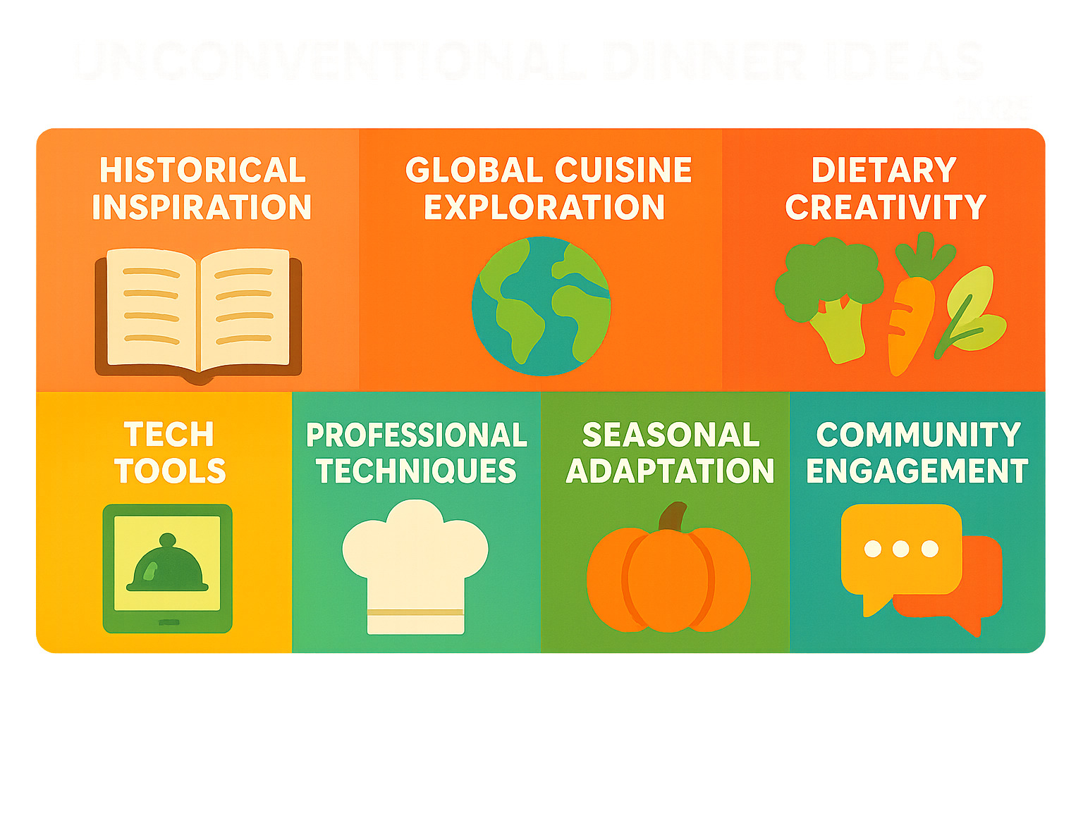 Infographic summarizing the 7 unconventional dinner idea methods: historical inspiration, global cuisine exploration, dietary creativity, tech tools, professional techniques, seasonal adaptation, and community engagement - dinner infographic 