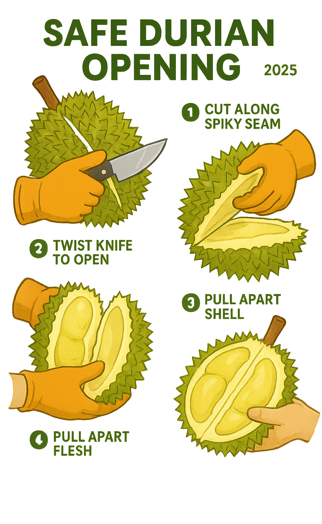 Step-by-step infographic showing safe durian opening technique with proper knife placement, hand protection, and segment extraction methods - durian infographic 