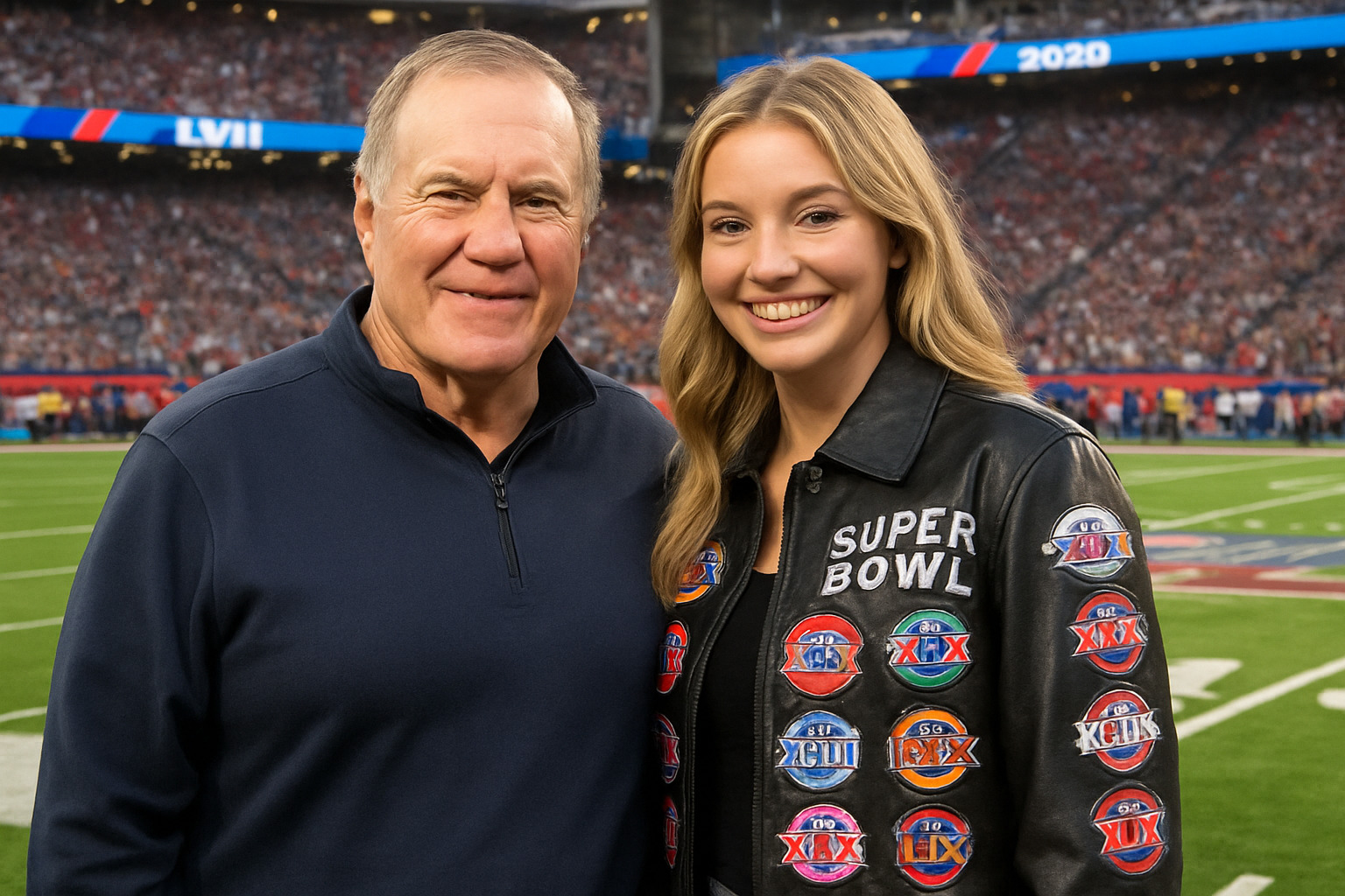 Bill Belichick and Jordon Hudson at the 2025 Super Bowl, with Hudson wearing her custom-designed leather jacket featuring patches from all 12 of Belichick's Super Bowl appearances - jordon hudson Bill Belichick and Jordon Hudson at the 2025 Super Bowl, with Hudson wearing her custom-designed leather jacket featuring patches from all 12 of Belichick's Super Bowl appearances - jordon hudson