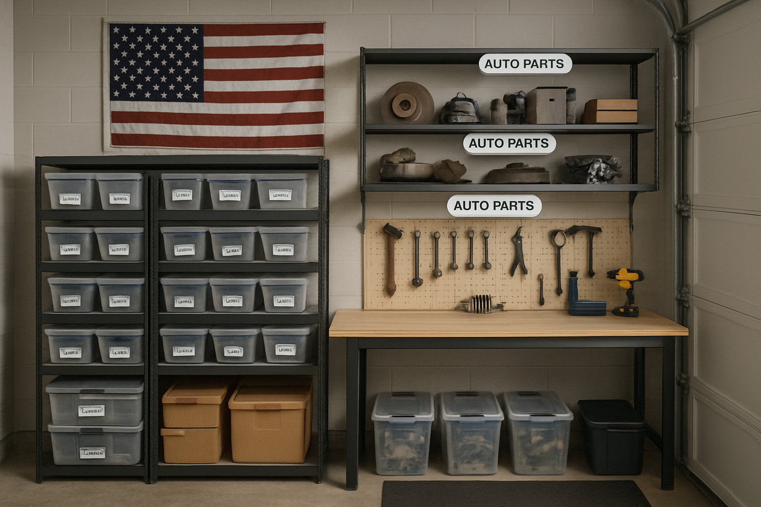 organized garage showing proper auto parts storage and DIY workspace setup - rockauto