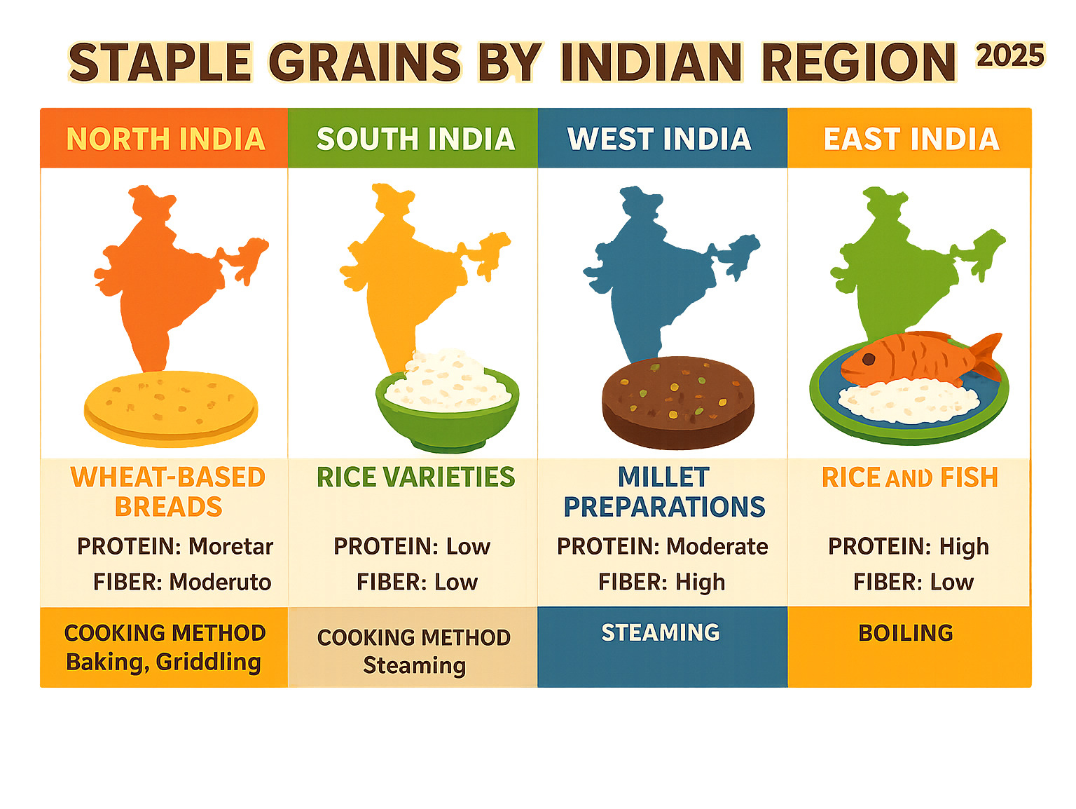 Comparison table showing staple grains by Indian region - North India wheat-based breads, South India rice varieties, West India millet preparations, East India rice and fish combinations, with nutritional values and cooking methods - indian food infographic 