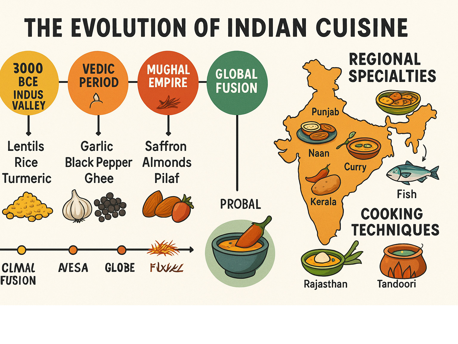 Comprehensive infographic showing the evolution of Indian cuisine from 3000 BCE Indus Valley civilization through Vedic period, Mughal empire, colonial influences, to modern global fusion, with timeline markers, key ingredients introduced in each era, regional specialties map, and cooking technique developments - indian food infographic 