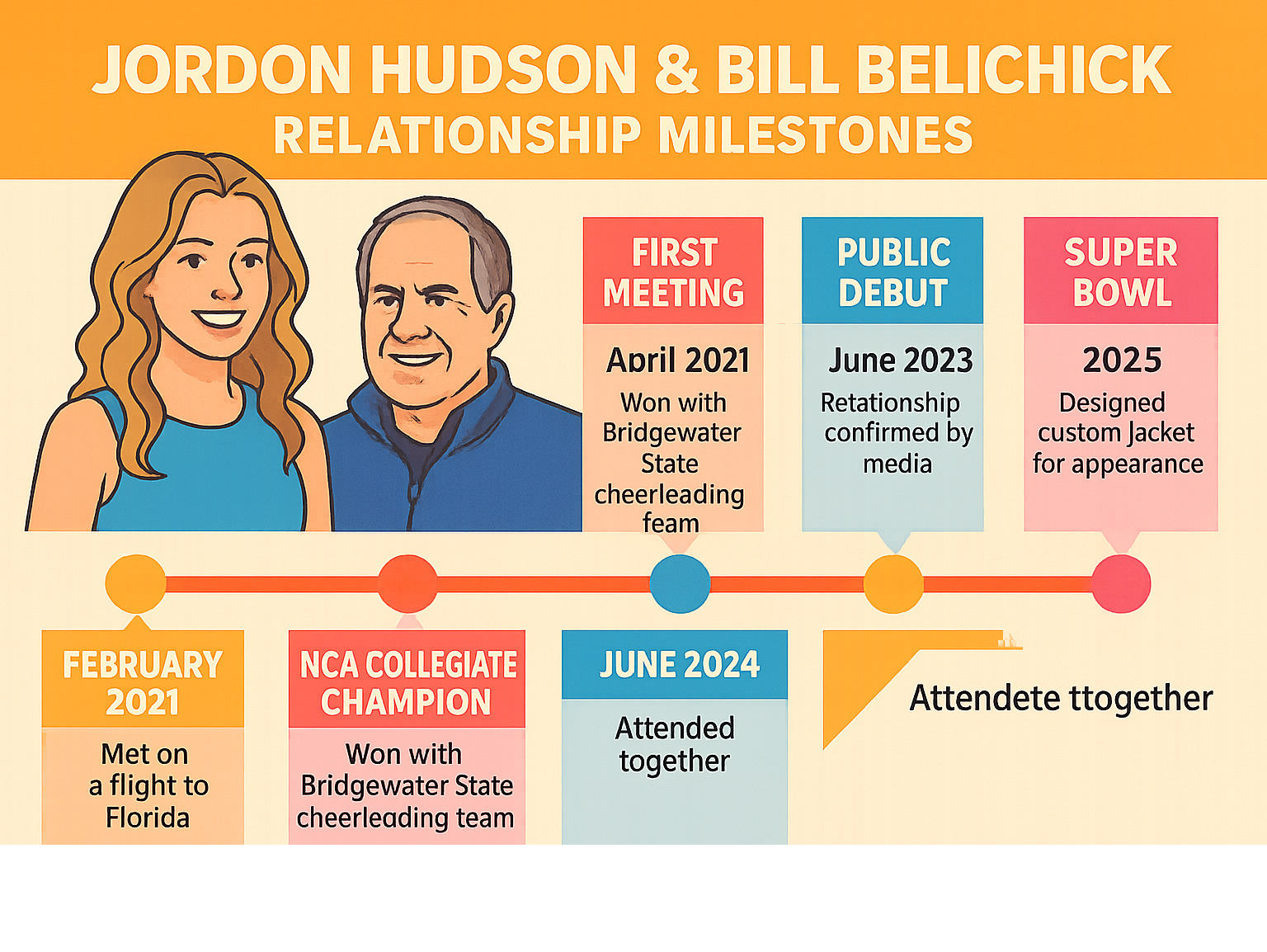 Comprehensive timeline showing Jordon Hudson and Bill Belichick's relationship milestones from February 2021 first meeting through 2025 Super Bowl appearance, including key public appearances, media coverage, and personal achievements - jordon hudson infographic Comprehensive timeline showing Jordon Hudson and Bill Belichick's relationship milestones from February 2021 first meeting through 2025 Super Bowl appearance, including key public appearances, media coverage, and personal achievements - jordon hudson infographic