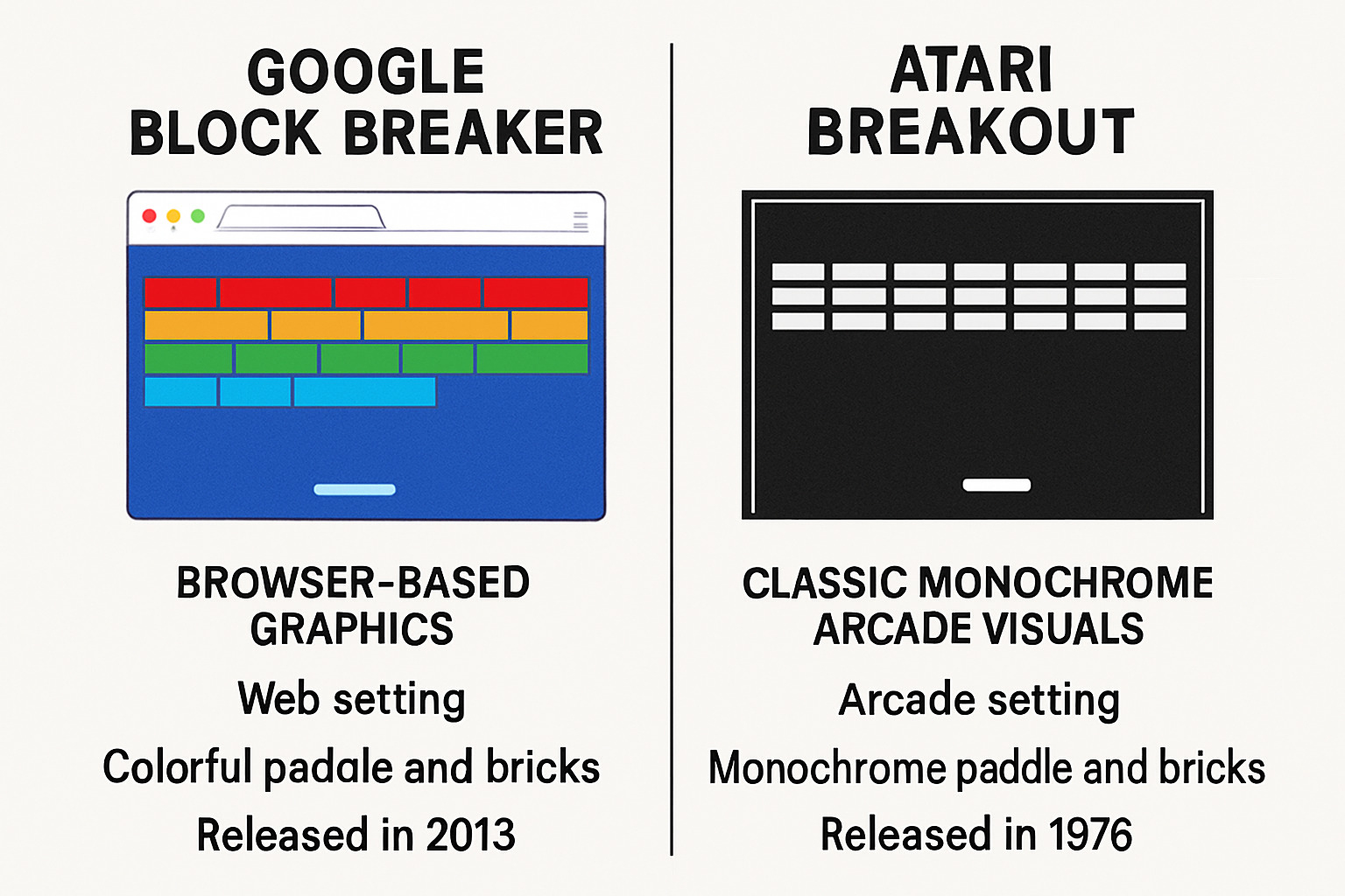 Comparison table showing Google Block Breaker vs Atari Breakout features - google block breaker
