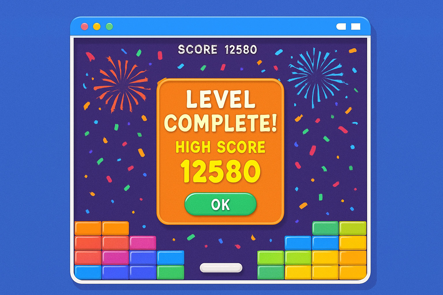 Celebratory high score screen showing completed level with fireworks animation - google block breaker