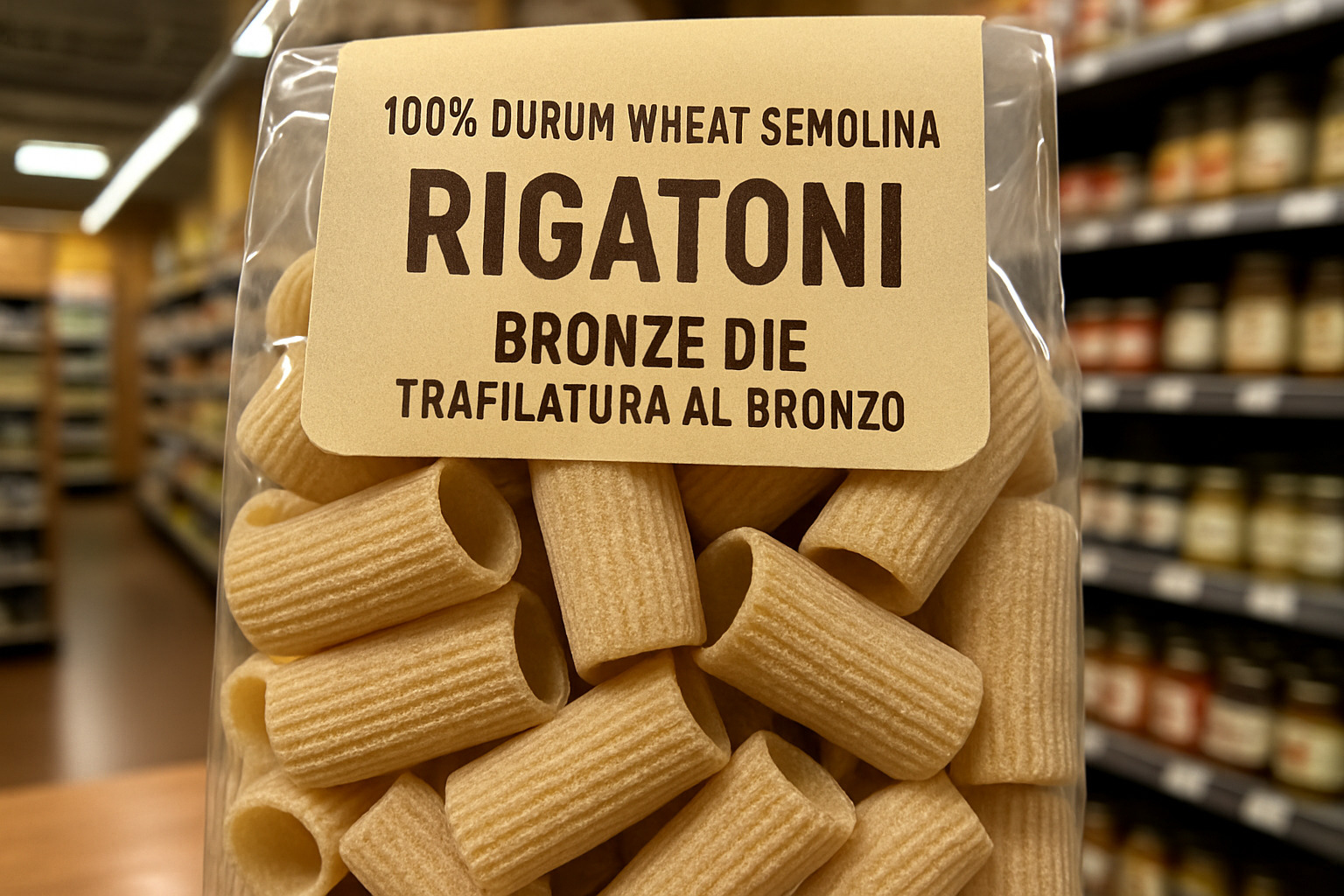 packaged artisanal rigatoni showing bronze die texture and quality indicators - rigatoni