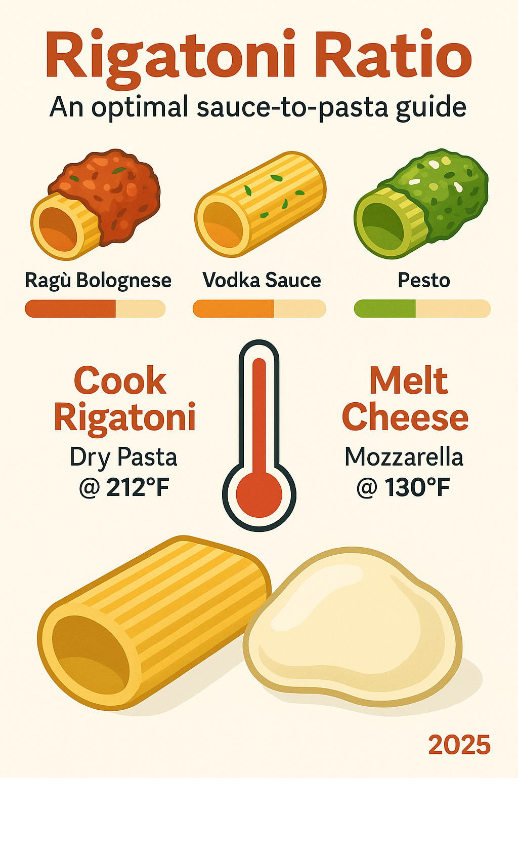 Infographic showing optimal sauce-to-pasta ratios for different rigatoni preparations, cooking temperatures, and cheese melting points - rigatoni infographic 