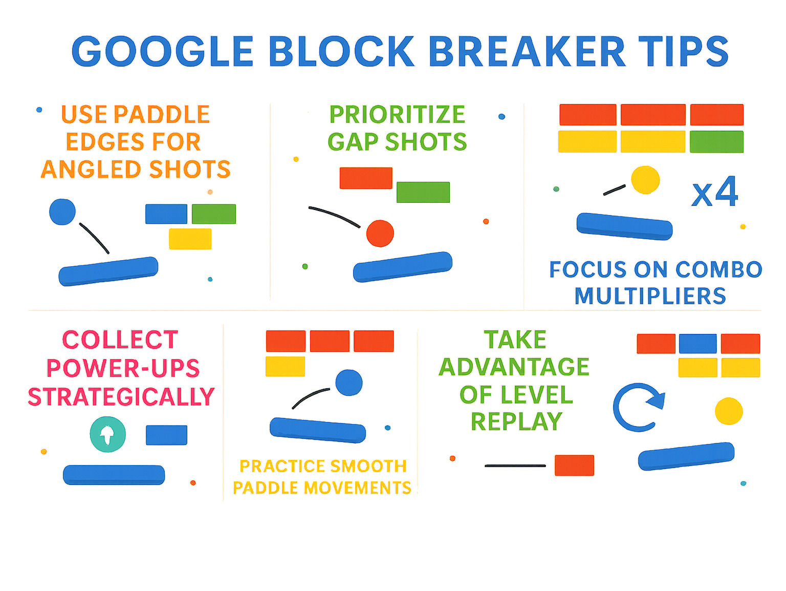 Infographic summarizing key Google Block Breaker tips: use paddle edges for angled shots, prioritize gap shots through block formations, collect power-ups strategically, practice smooth paddle movements, focus on combo multipliers for higher scores, take advantage of level replay for practice - google block breaker infographic 